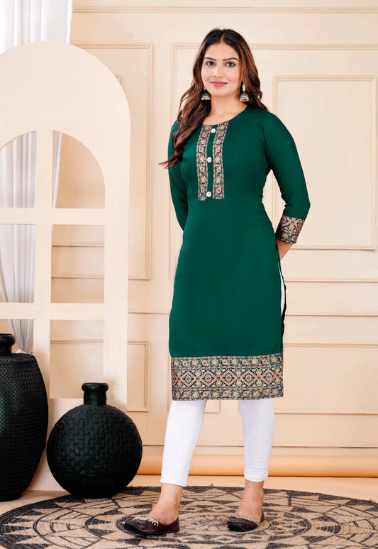 Front Button Kurti for Women | Dark Green Rayon | Printed Border ST STYLE TRY®