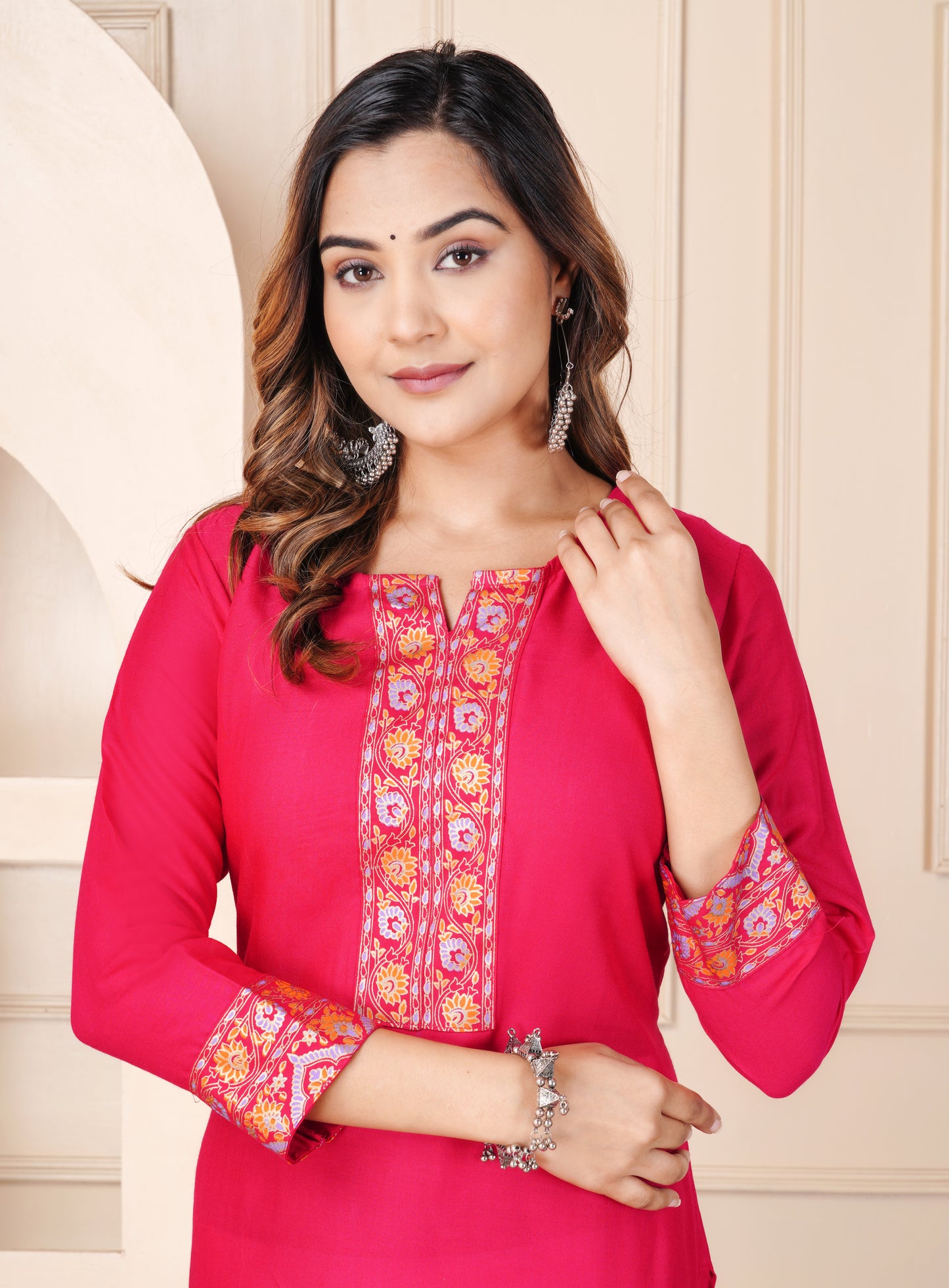 Women's Pink Straight Kurti with Ethnic Border Print | Stylish Long Kurta for Office, Casual & Festive Wear
