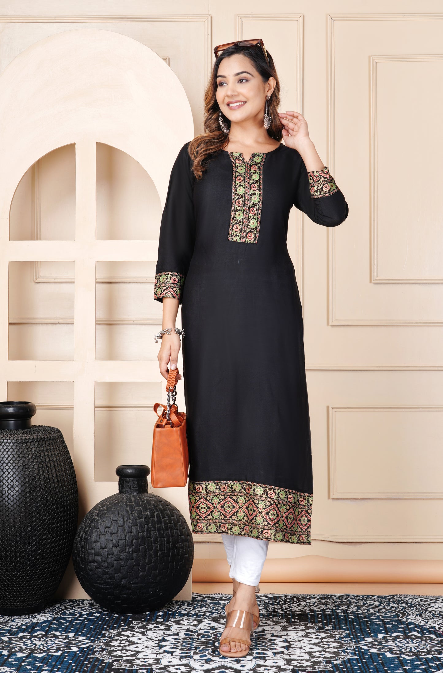 Black Rayon Straight Kurti for Women with Printed Border