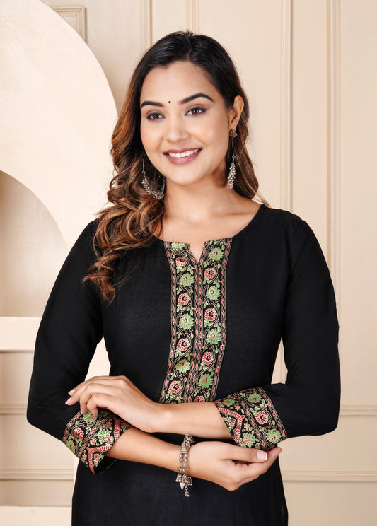 Premium Women’s Black Rayon Floral Border Straight Kurti | Elegant Daily Wear | XS–7XL