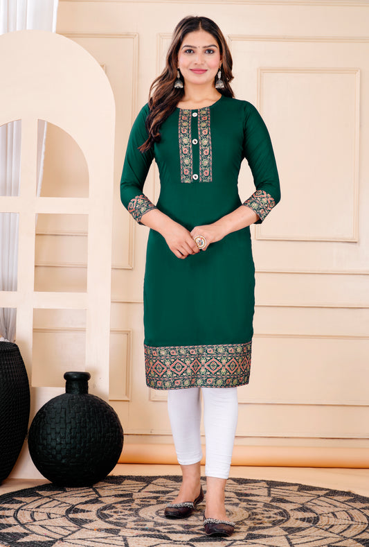 ST STYLE TRY ® Women’s Dark Green Rayon Kurti with Printed Border & Front Button | Premium Ethnic Wear | Regular Fit | XS–7XL