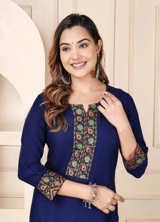 Navy Blue Rayon Kurti for Women | Floral Printed Border Ethnic Wear | XS–7XL ST STYLE TRY®