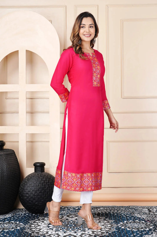 Pink Rayon Kurti for Women | Floral Printed Border Ethnic Wear | Regular Fit | XS–7XL ST STYLE TRY®