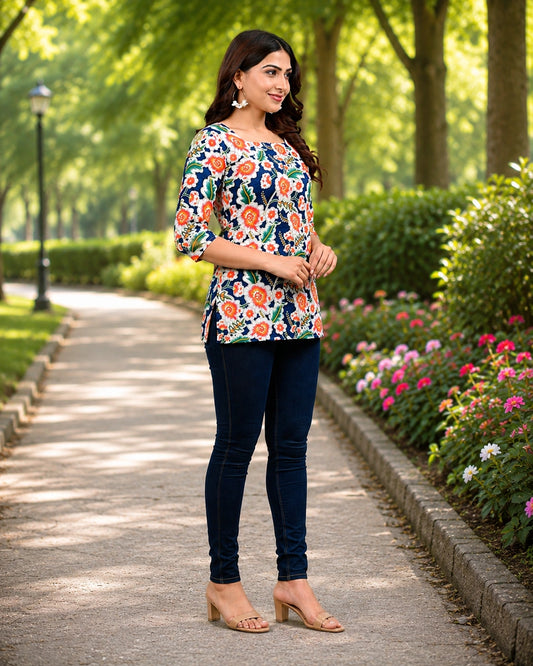 Multicolor Floral Print Kurti with 3/4 Sleeves for Women - front