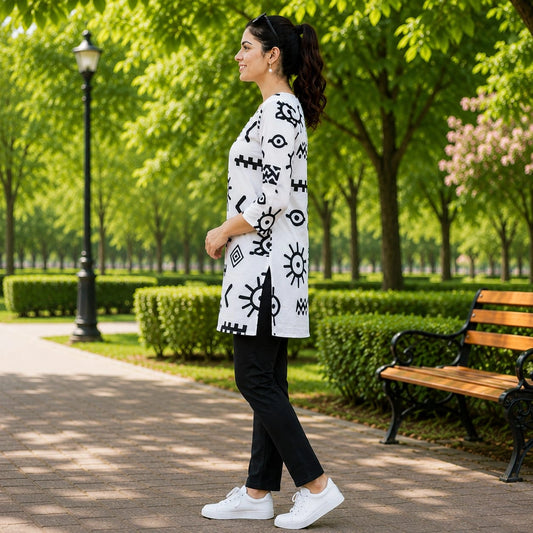 White and Black Printed Cotton Kurti for Women - Side View