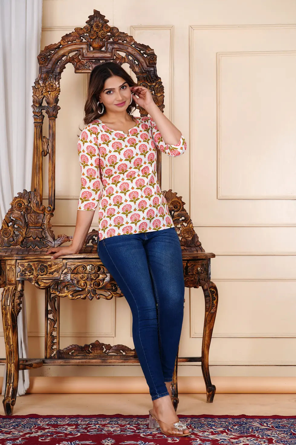 Women's white floral cotton top 3/4 sleeve notch neck — comfort fit casual ethnic wear