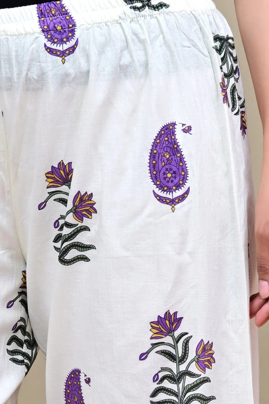White and purple printed cotton palazzo pants for women - side view - ST STYLE TRY
