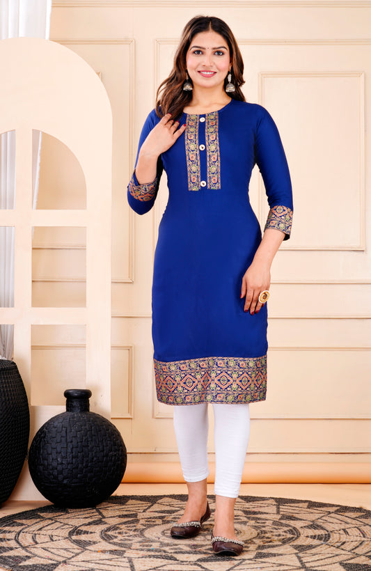 Royal Blue Rayon Straight Kurti for Women | Printed Ethnic Design | Sizes XS to 9XL