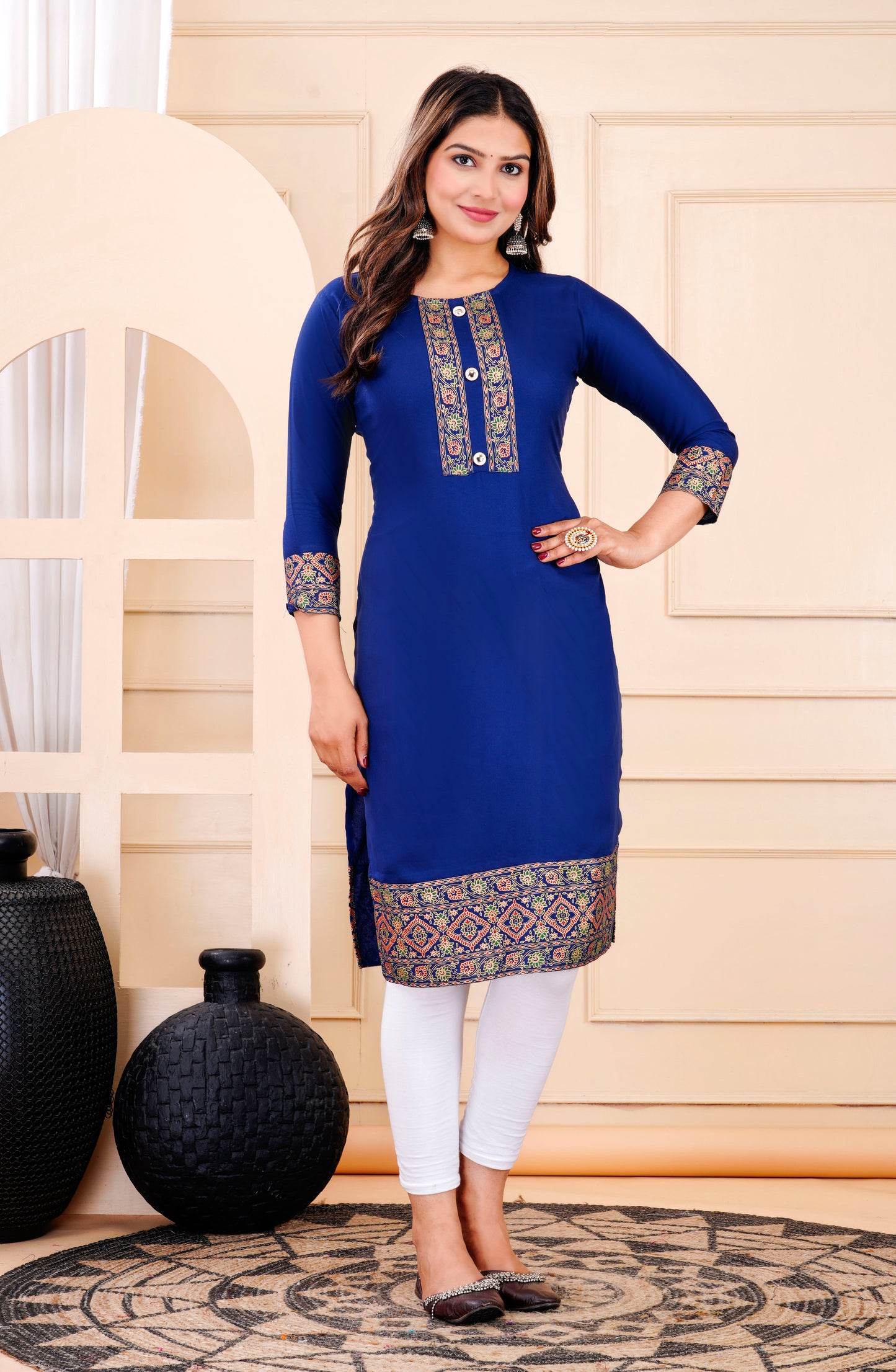 Royal Blue Rayon Straight Kurti for Women | Printed Ethnic Design | Sizes XS to 9XL