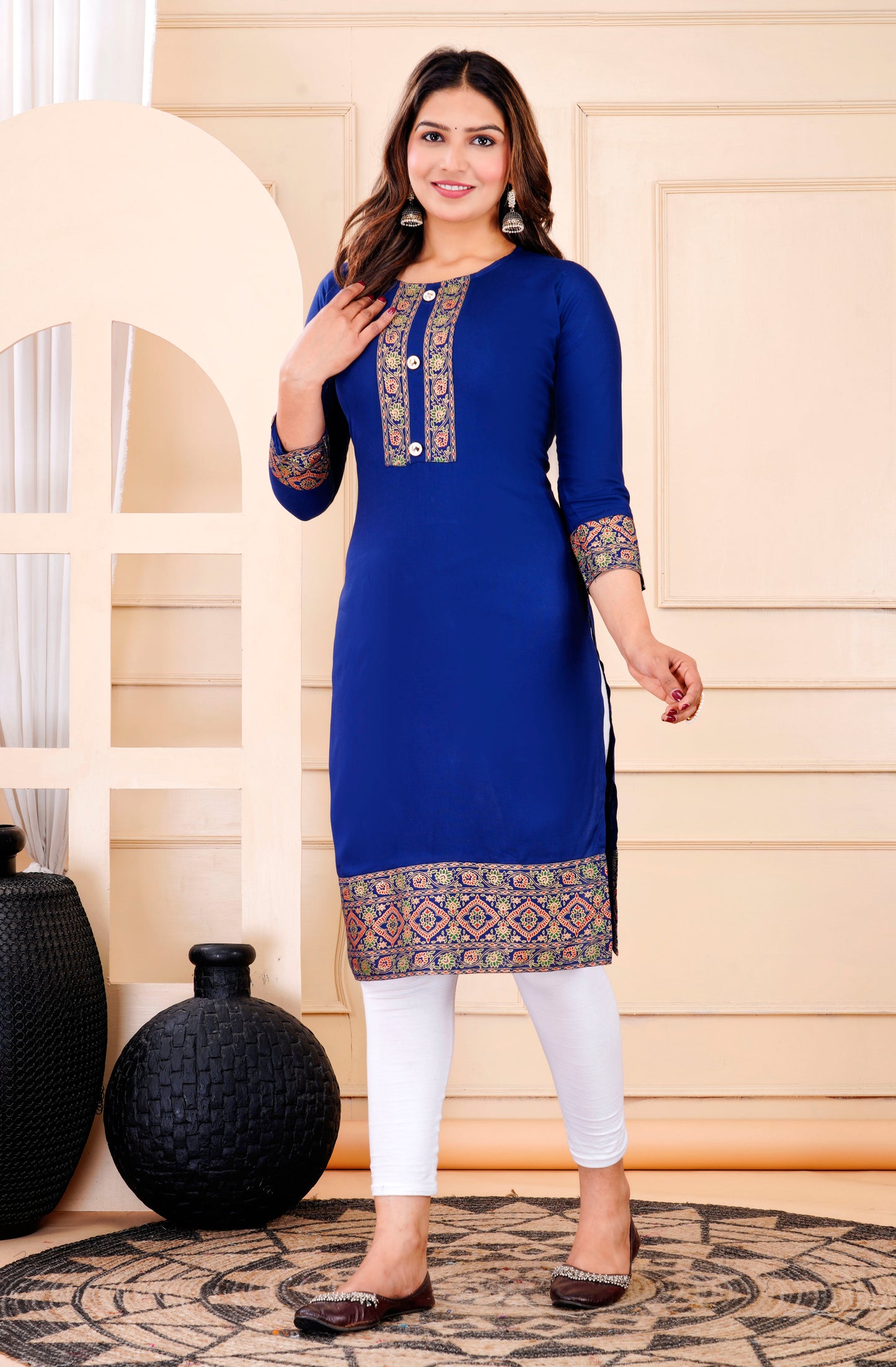 Royal Blue Rayon Straight Kurti for Women | Printed Ethnic Design | Sizes XS to 9XL