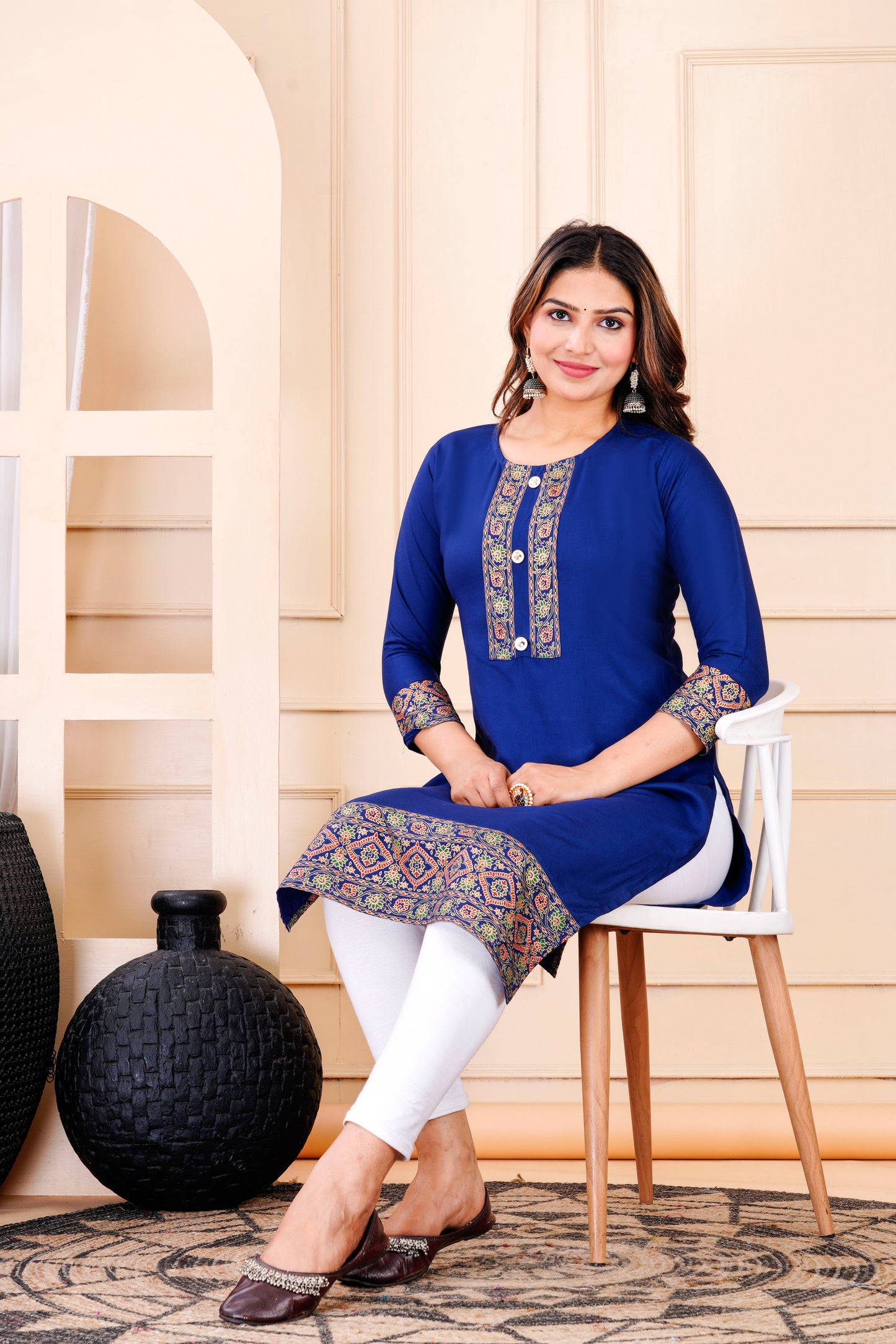 Royal Blue Rayon Straight Kurti for Women | Printed Ethnic Design | Sizes XS to 9XL