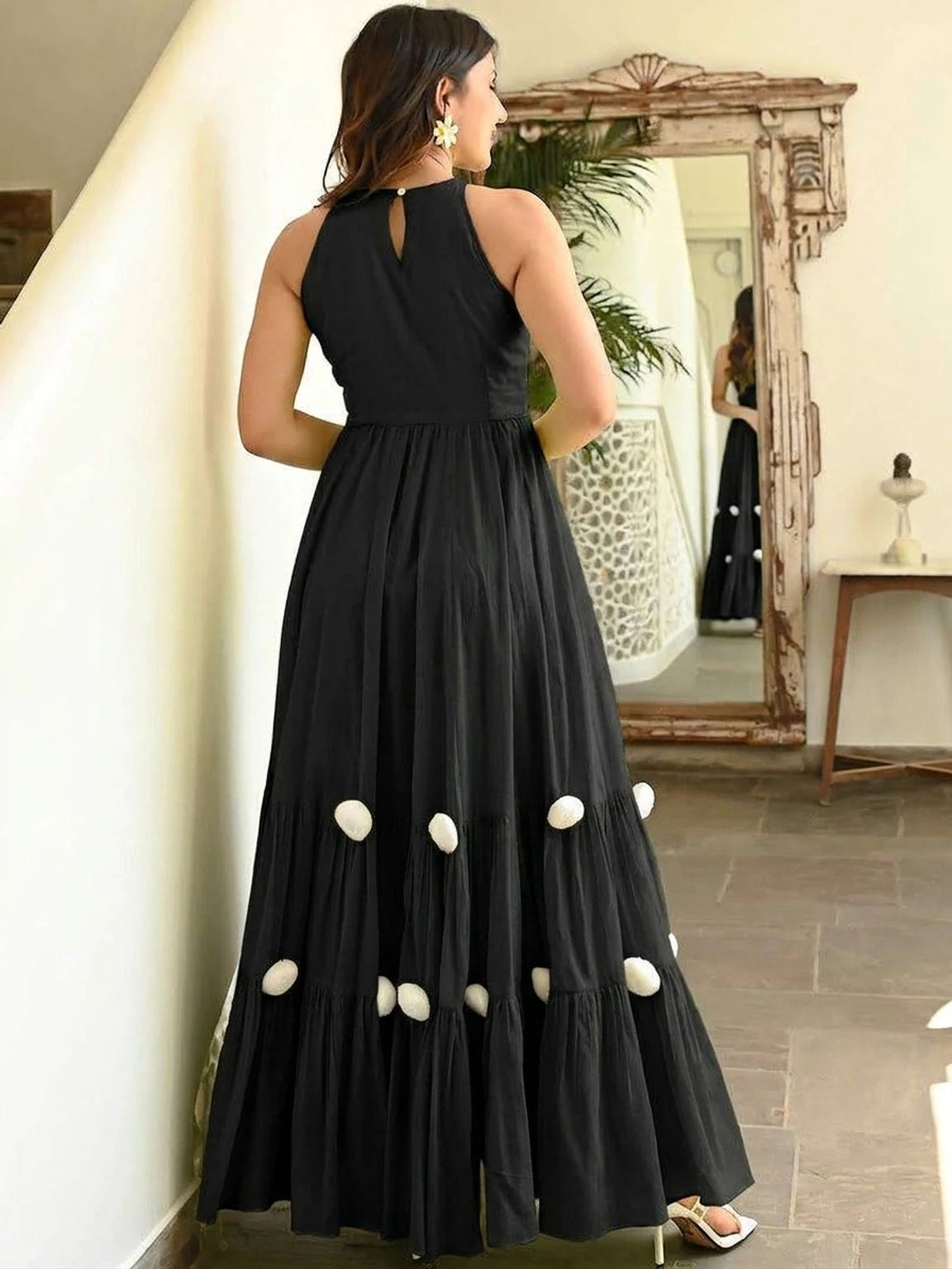 Women's long maxi dress with pom pom lace - back view