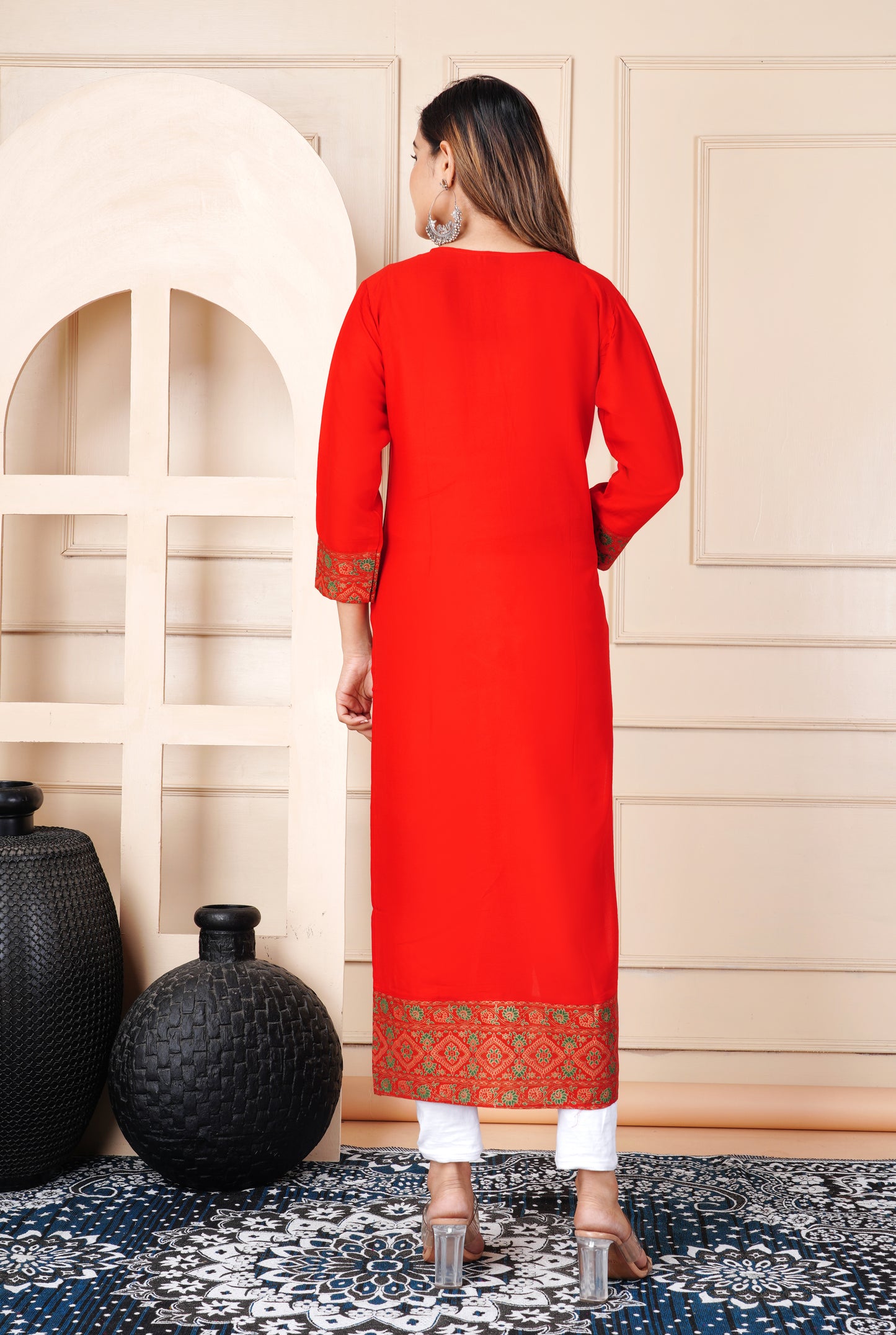 Women's Red Printed Straight Kurti with Ethnic Border Work | Stylish Long Kurta for Casual & Festive Wear