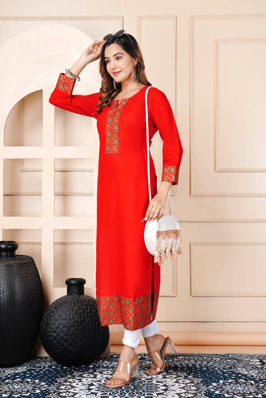 Women's Red Printed Straight Kurti with Ethnic Border Work | Stylish Long Kurta for Casual & Festive Wear