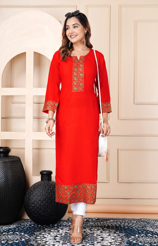 Women's Red Printed Straight Kurti with Ethnic Border Work | Stylish Long Kurta for Casual & Festive Wear
