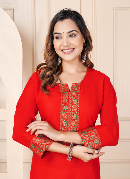 Women's Red Printed Straight Kurti with Ethnic Border Work | Stylish Long Kurta for Casual & Festive Wear