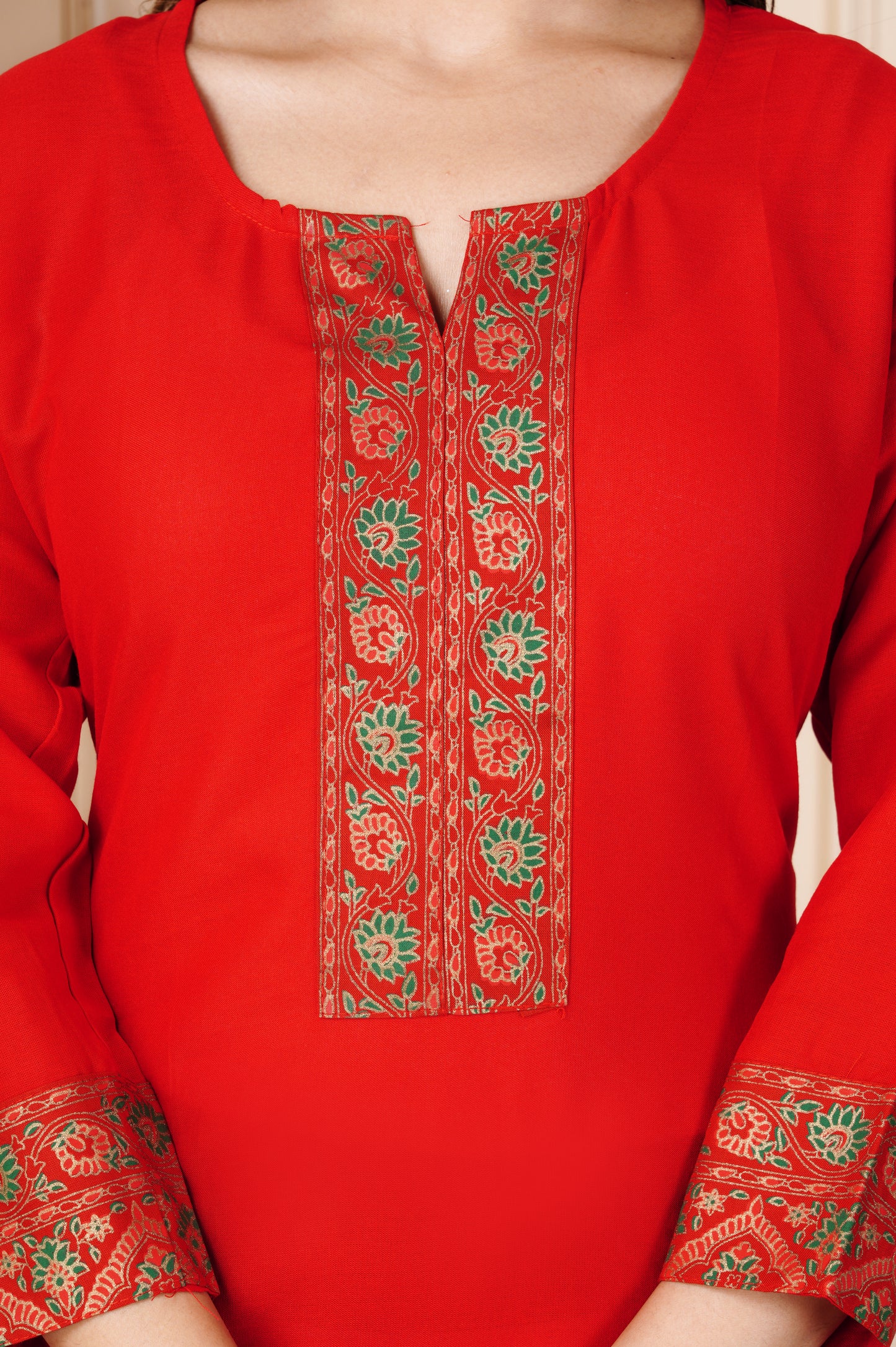 Women's Red Printed Straight Kurti with Ethnic Border Work | Stylish Long Kurta for Casual & Festive Wear