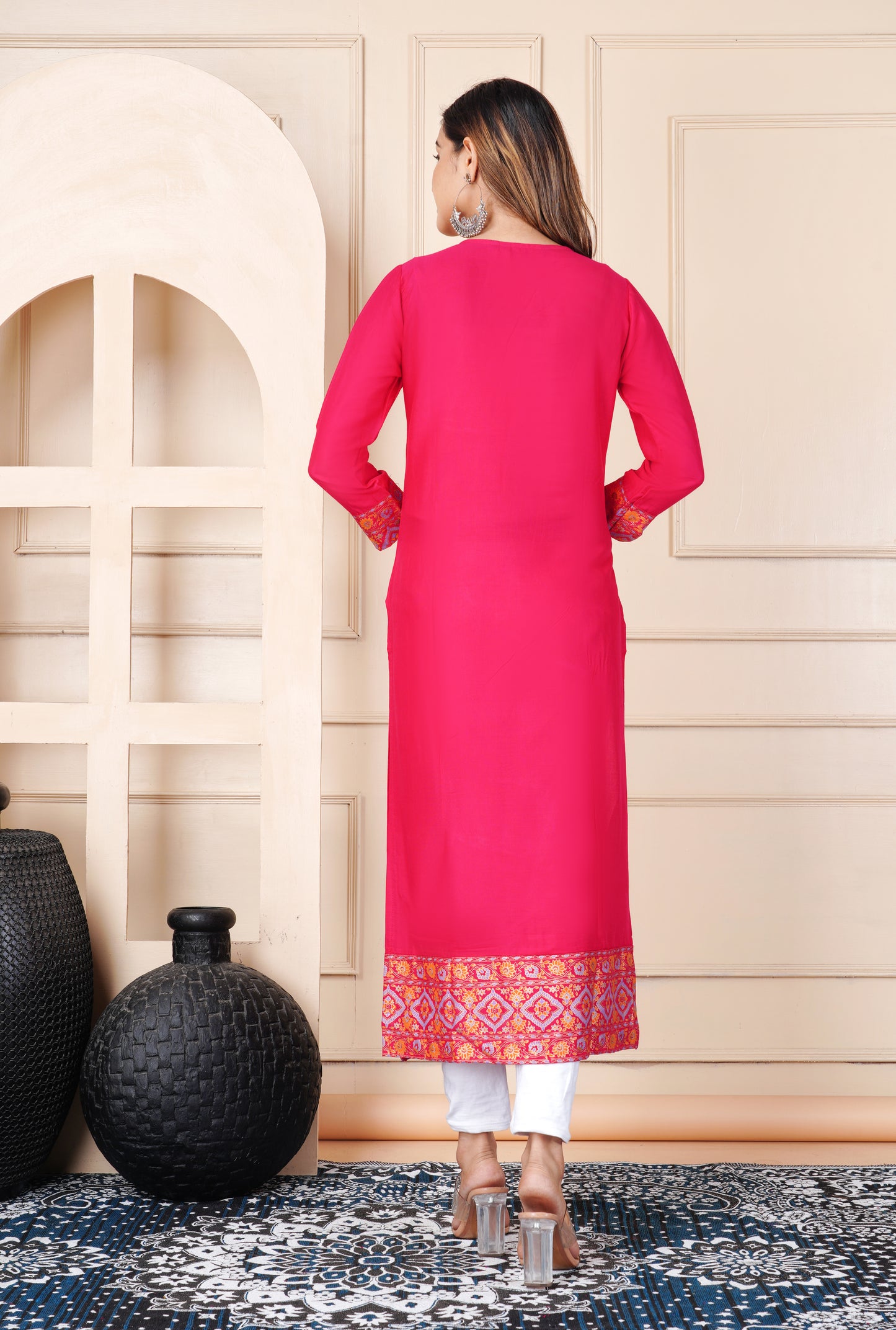 Women's Pink Straight Kurti with Ethnic Border Print | Stylish Long Kurta for Office, Casual & Festive Wear