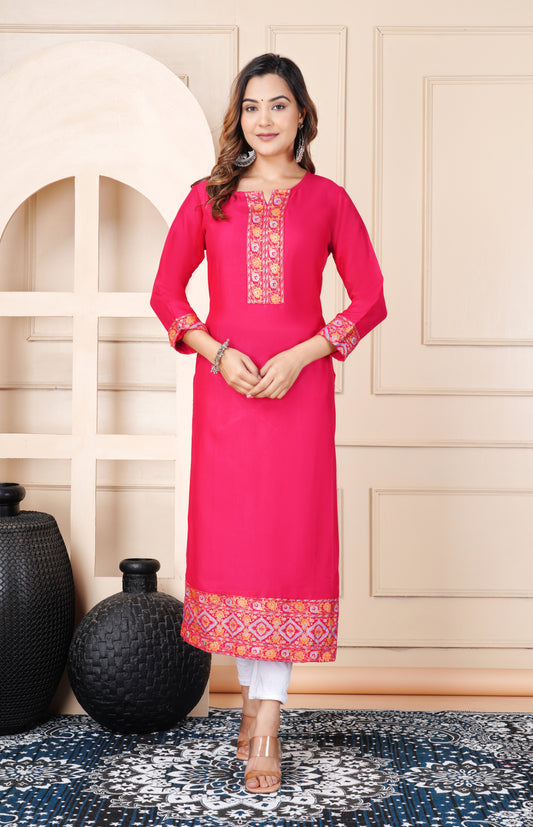 Women's Pink Straight Kurti with Ethnic Border Print | Stylish Long Kurta for Office, Casual & Festive Wear