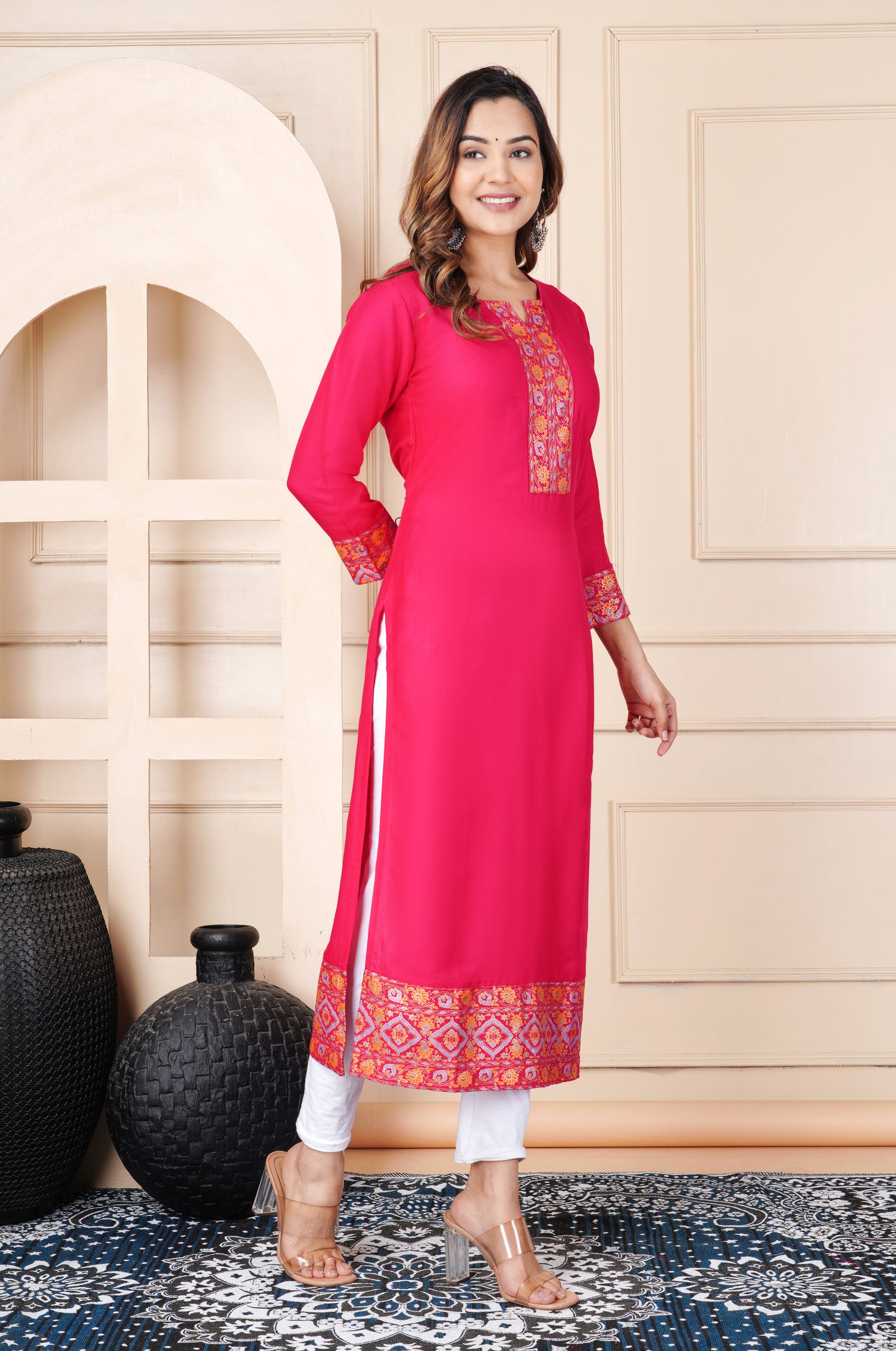Women's Pink Straight Kurti with Ethnic Border Print | Stylish Long Kurta for Office, Casual & Festive Wear