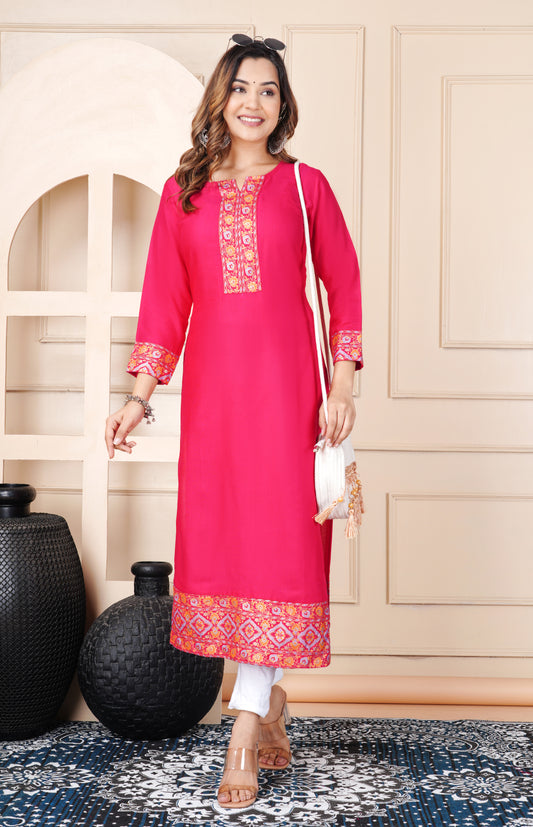 Women's Pink Straight Kurti with Ethnic Border Print | Stylish Long Kurta for Office, Casual & Festive Wear