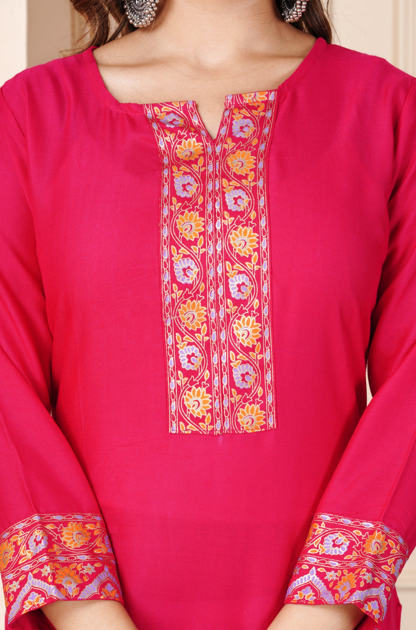 Women's Pink Straight Kurti with Ethnic Border Print | Stylish Long Kurta for Office, Casual & Festive Wear