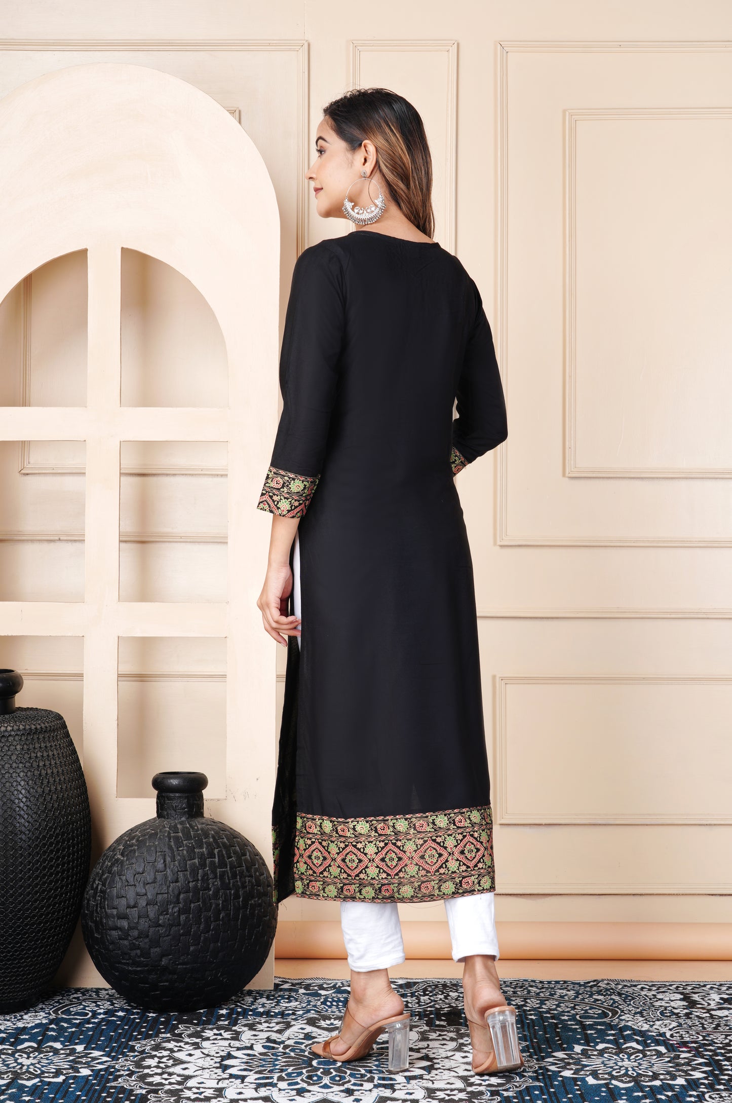 Black Rayon Straight Kurti for Women with Printed Border