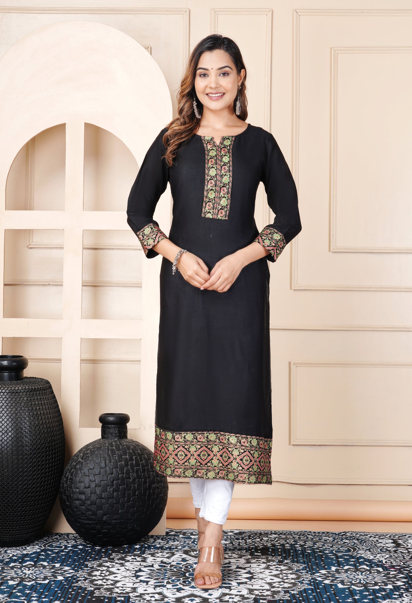 Black Rayon Straight Kurti for Women with Printed Border