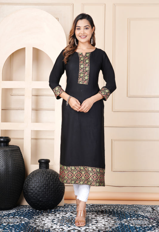 Black Rayon Straight Kurti for Women with Printed Border