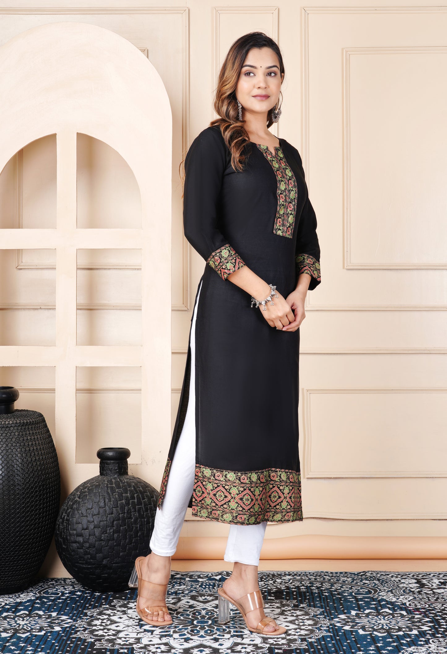 Black Rayon Straight Kurti for Women with Printed Border