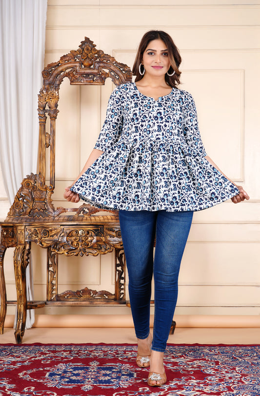 Elegant Blue Floral Printed Peplum Rayon Top for Women