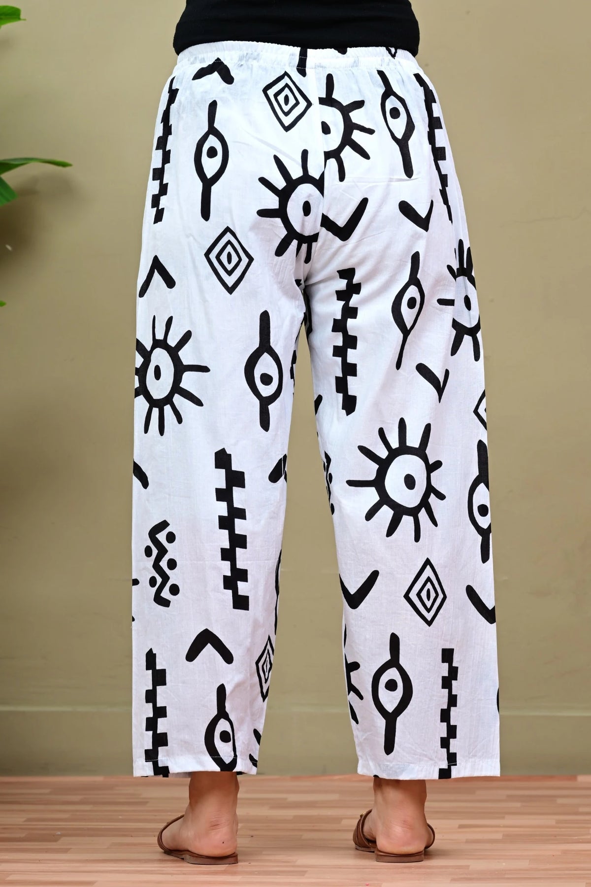 White & Black Printed Cotton Palazzo Pants for Women