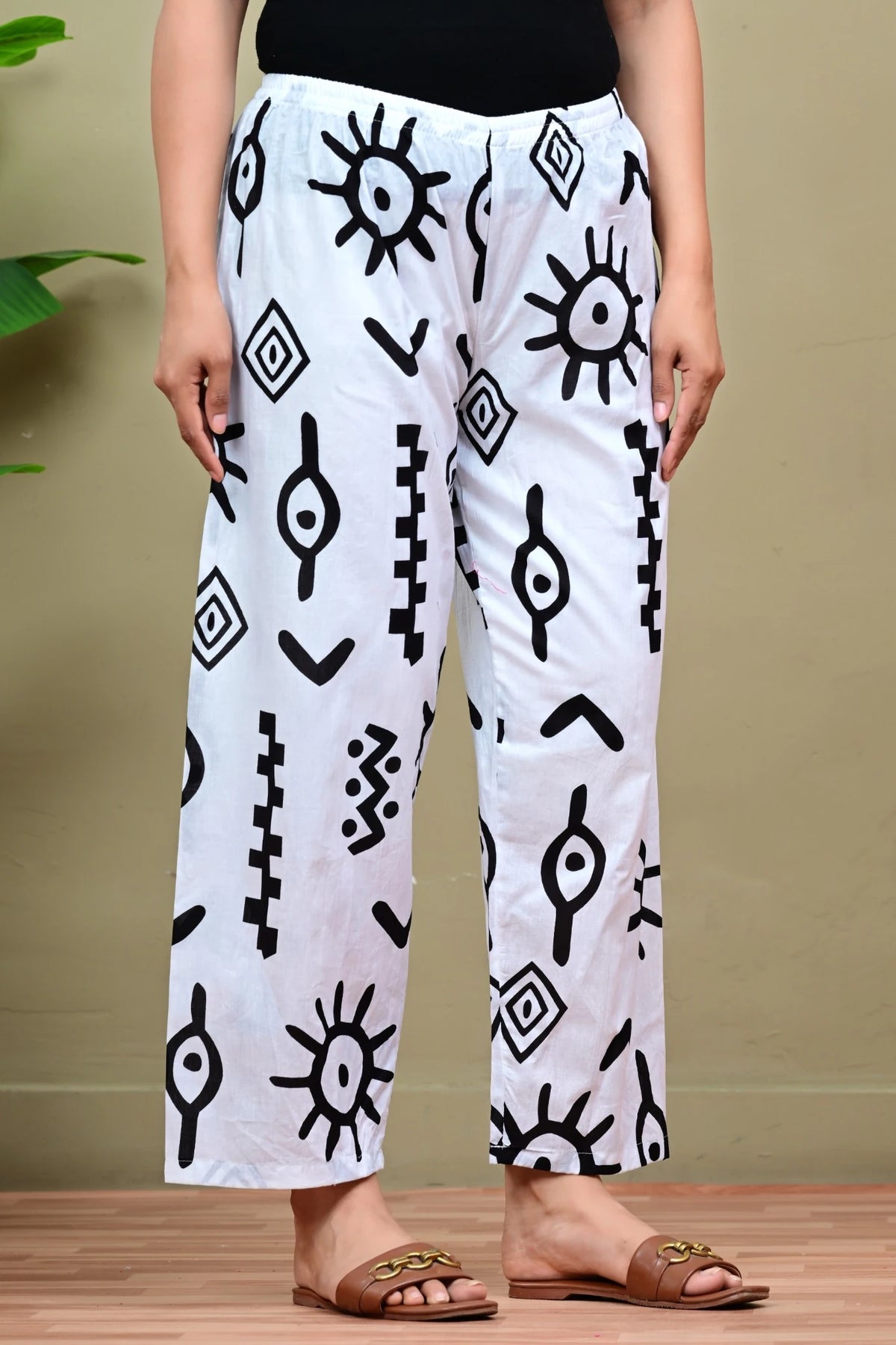 White & Black Printed Cotton Palazzo Pants for Women