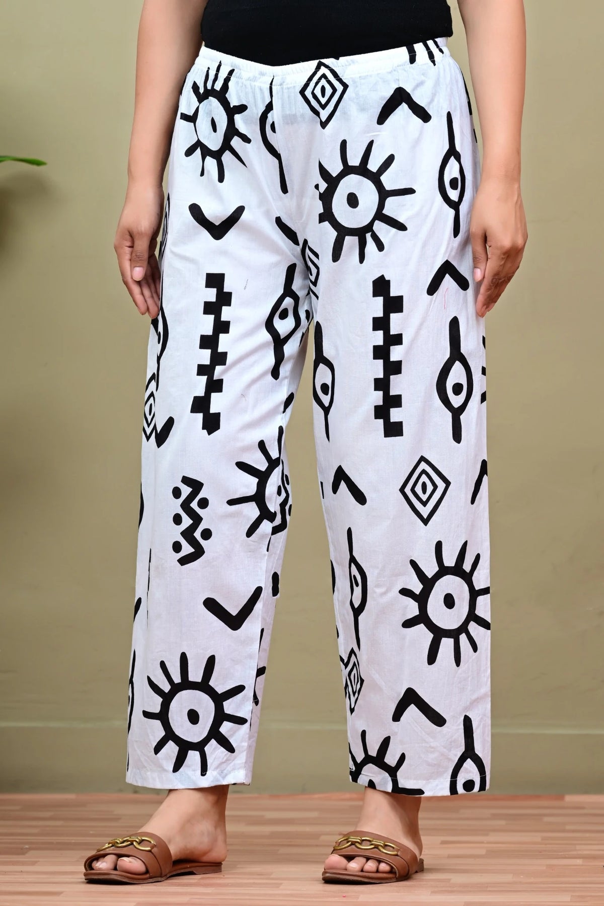 White & Black Printed Cotton Palazzo Pants for Women