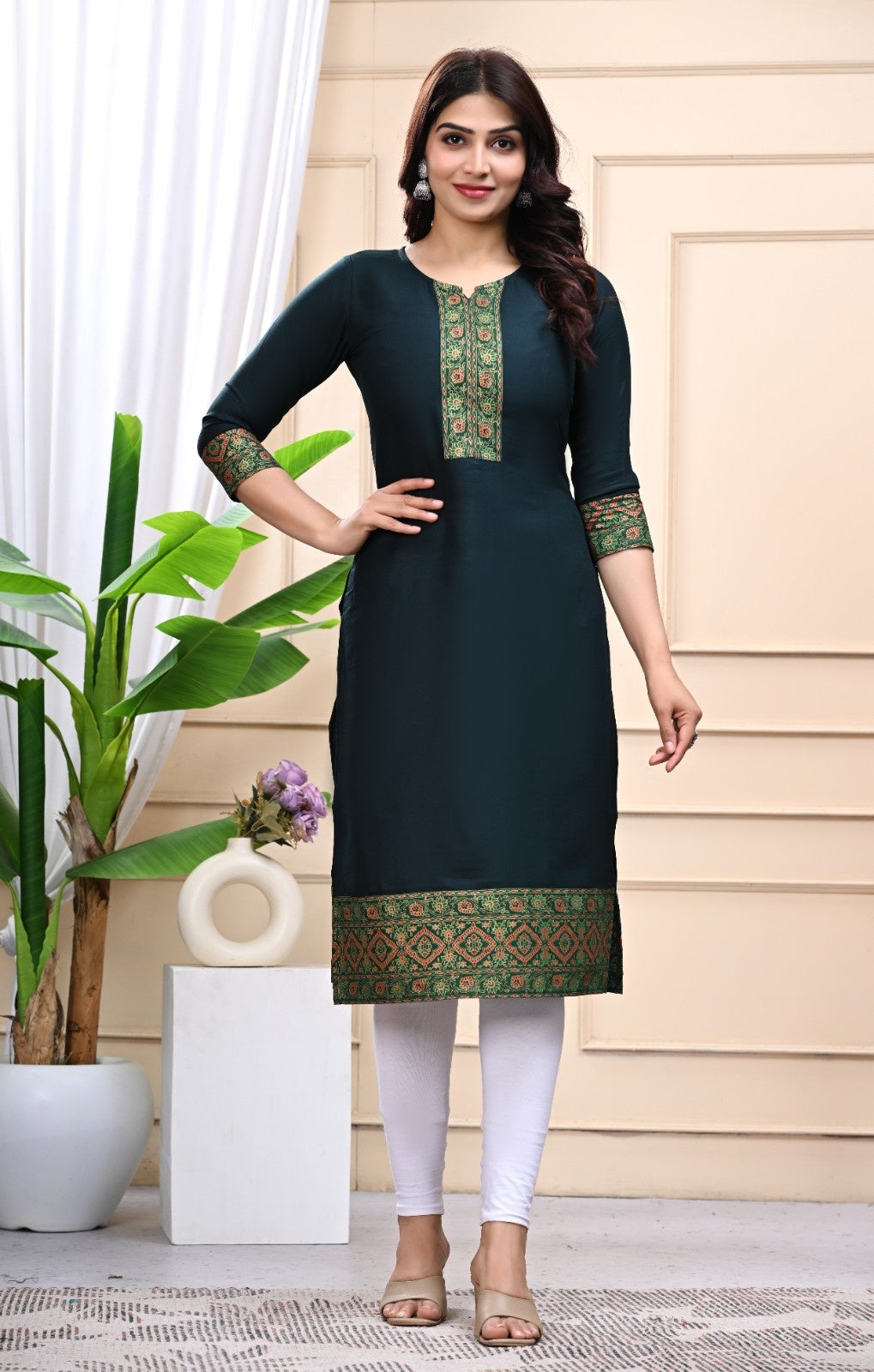 Rayon Printed Straight Kurti for Women | Stylish 3/4 Sleeve Daily Wear Kurta