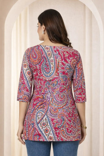 Women red printed short kurti with 3/4 sleeves — casual ethnic top India