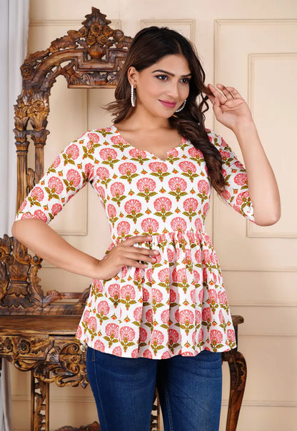 White floral block print peplum top with 3/4 sleeves — Rajasthani ethnic women's top