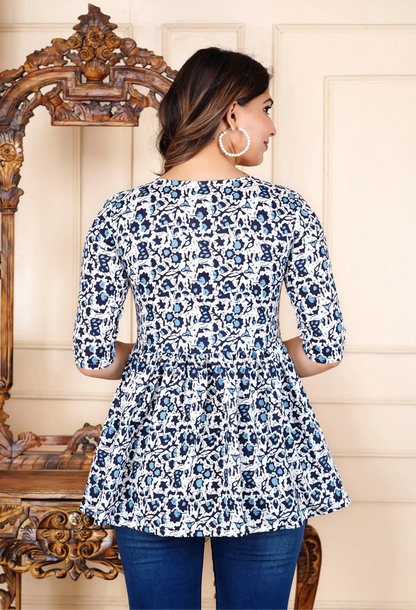 Navy blue floral peplum top for women — 3/4 sleeve ethnic block print India