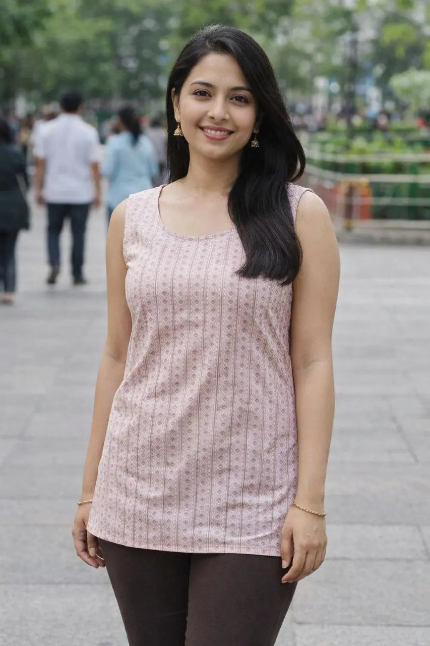 Pink sleeveless kurti for women — diamond geometric print cotton ethnic wear India