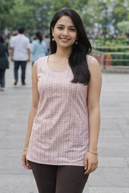 Pink sleeveless kurti for women — diamond geometric print cotton ethnic wear India