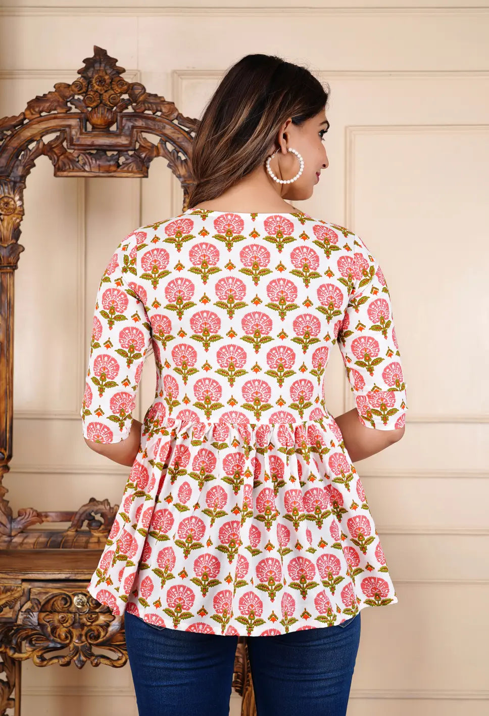 Women in Sanganeri floral print white peplum top — ethnic casual wear India