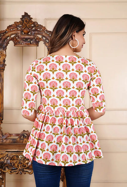 Women in Sanganeri floral print white peplum top — ethnic casual wear India