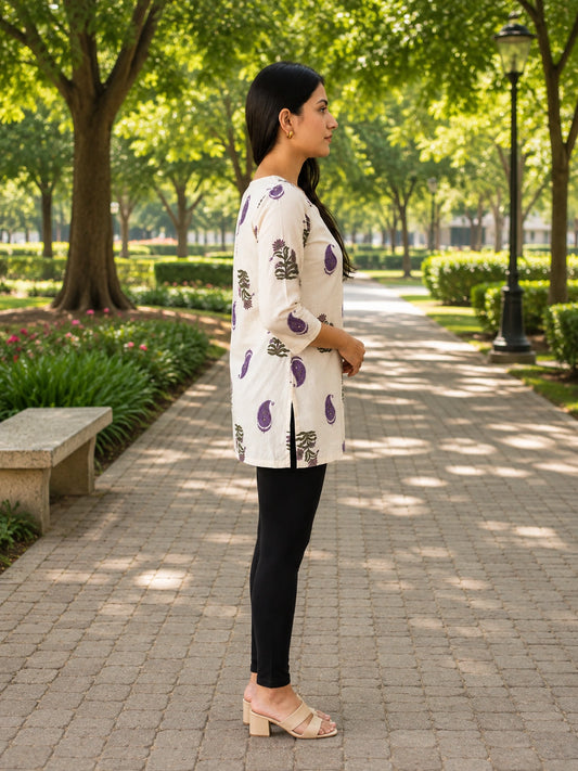 Cream & Purple Printed Cotton Kurti for Women - side