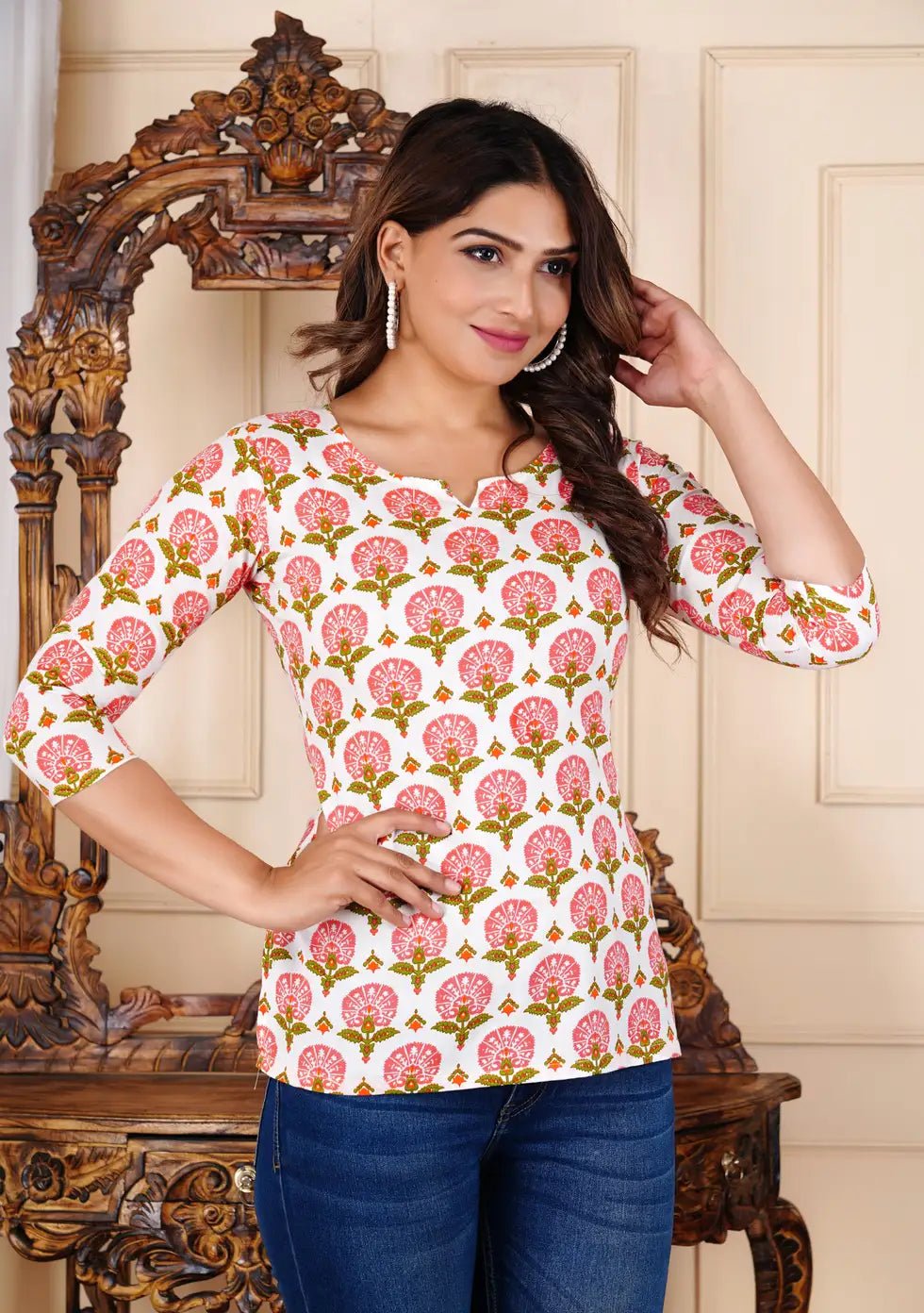 Pink green Rajasthani hand block print floral pattern on white cotton notch neck top