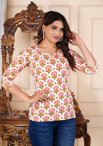 Pink green Rajasthani hand block print floral pattern on white cotton notch neck top