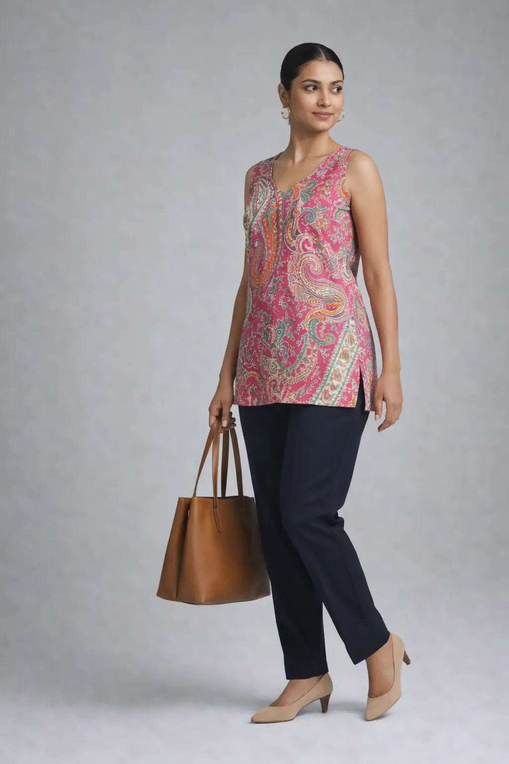 Women sleeveless printed kurti top for office wear — ethnic cotton casual India
