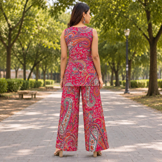 Pink Paisley Kurti Palazzo Set for Women - Side View