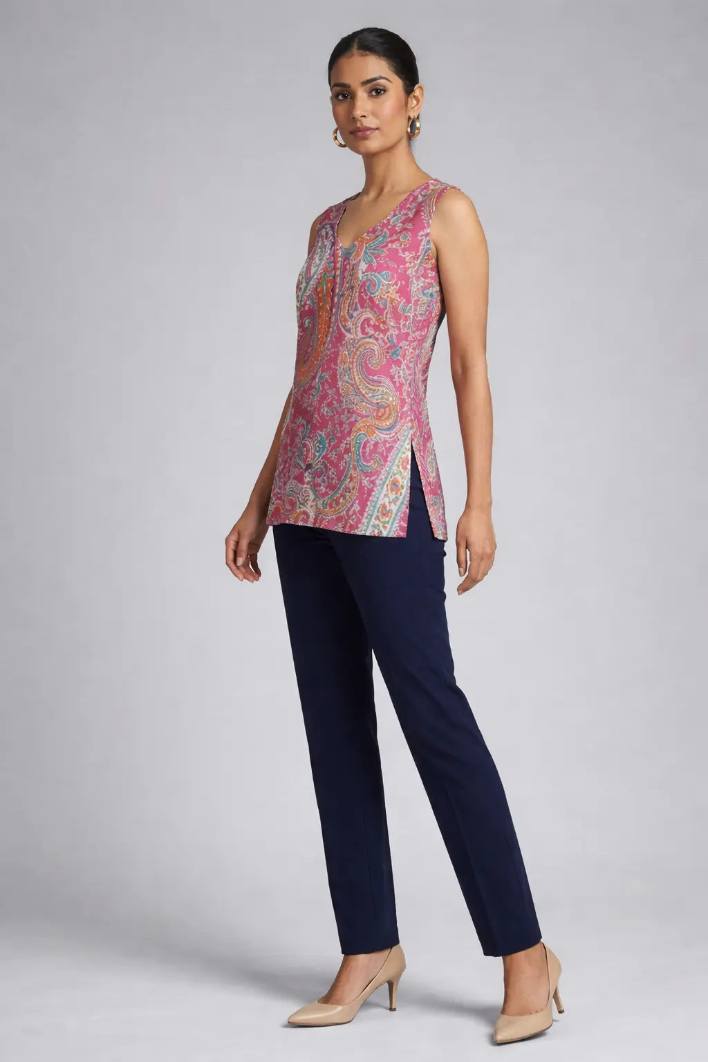 Pink paisley print sleeveless kurti top for women — office ethnic wear