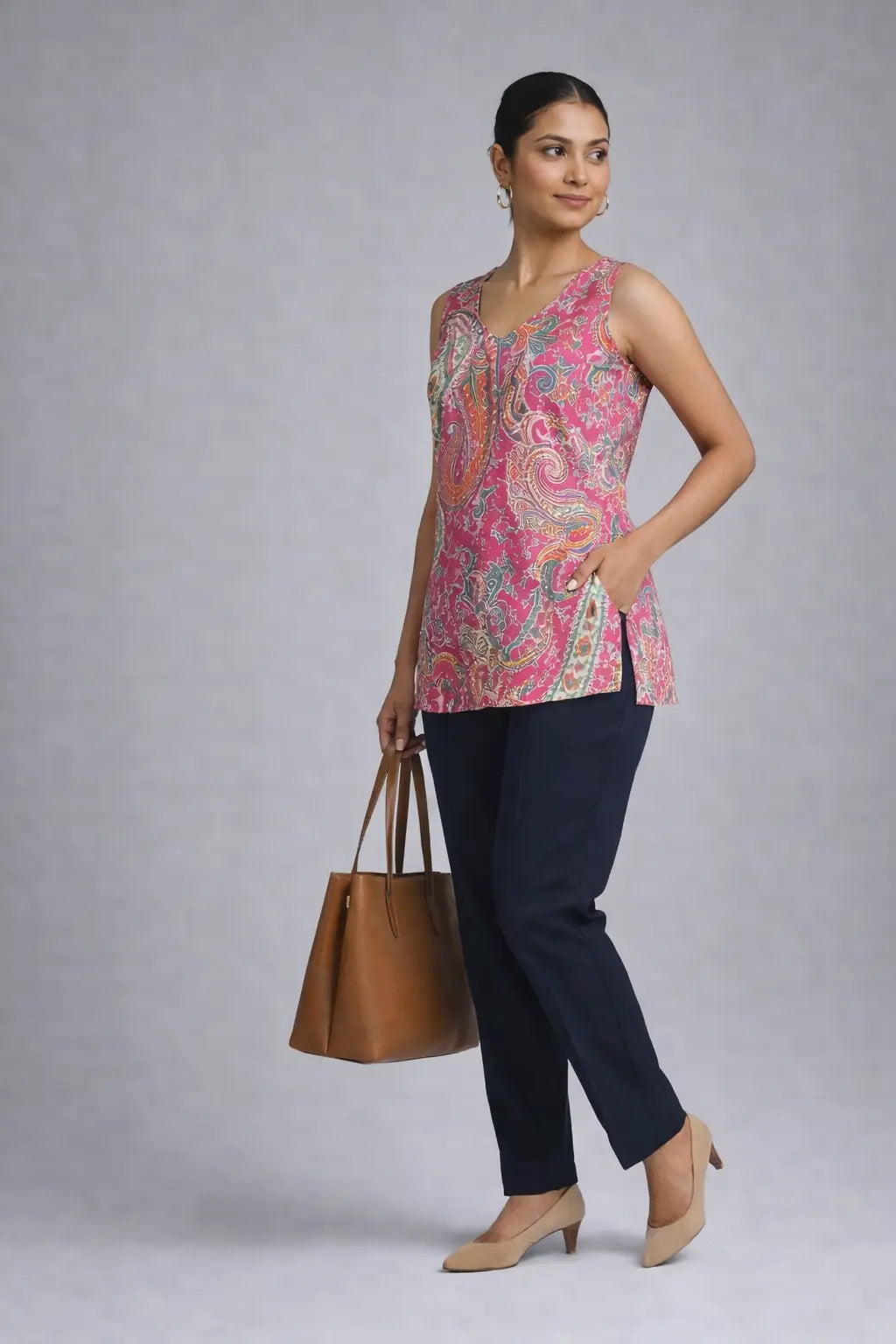 Trendy sleeveless printed kurti with pants — ethnic casual outfit India