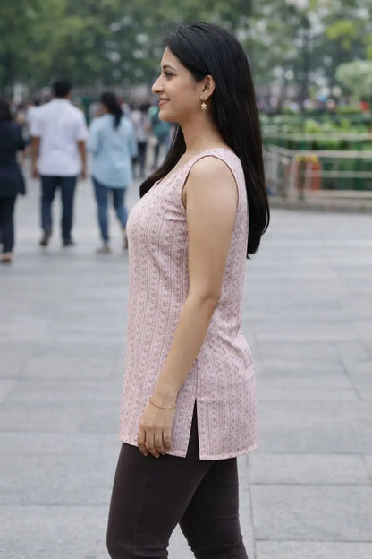 Women wearing pink sleeveless kurti with black leggings — ethnic casual outfit